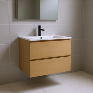 Meuble-lavabo mural moderne 24 pouces en chêne naturel avec vasque en céramique et grand rangement, design flottant - Product Image 2