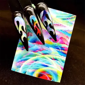 Holographic Lửa Băng Phản Xạ Nail Art Decals Dính Flamas 3D Nail Stencil Stickers Cho Làm Móng Tay