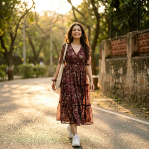Vestido Midi de Gasa con Estampado Floral, Cuello en V, Manga Corta, Estilo Boho, Corte en A, Ajuste Holgado, Cintura Imperio, para Uso Diario, Vestido Casual de Verano - Product Image 1