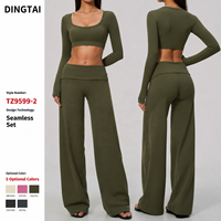 Ensemble de yoga pour femme avec taille pliable, haut court à col rond et manches longues, pantalon large brossé rembourré, contrôle du ventre, effet push-up, séchage rapide