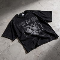 Kaos Distressed Custom Vintage Acid Washed Cotton TShirt Streetwear Grafis Rivet Rhinestone Boxy Fit untuk Pria