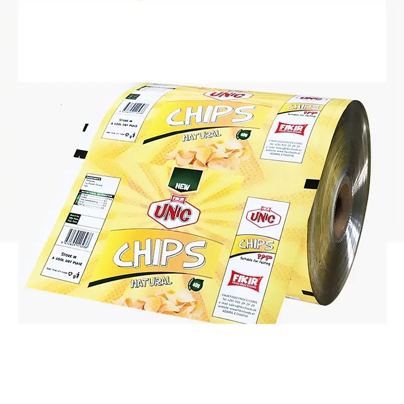 Водонепроницаемая пластиковая упаковочная пленка с принтом на заказ для картофельных чипсов, рулон надувных алюминиевых пакетов из фольги