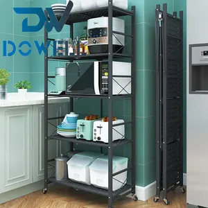 QINGDAO Metal Storage Display Foldable Rack Shelf Stackable Shelving Home Kitchen Organizer Storage Folding Shelf On Wheels