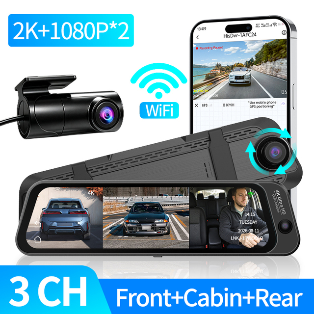 4k 3CH Mirror Dash Cam WiFi 9.66" IPS Touch Screen Car DVR 1080P Cabin Rear Camera G-Sensor App Control OEM/ODM Available MOQ