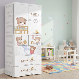 Armarios de Plástico de 2 Puertas con Cajones de Almacenamiento y Armarios Blancos con Dibujos Animados para Sala de Estar y Dormitorio - Product Image 1