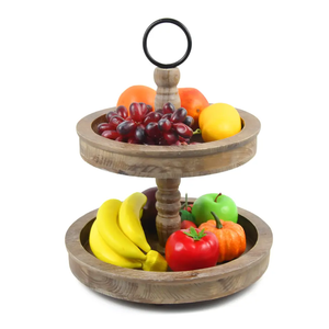 Plateau à plusieurs niveaux de ferme support décoratif plateau de service en bois rond à 2 niveaux avec poignée en métal support de décor de plateau à plusieurs niveaux en bois rustique - Product Image 4