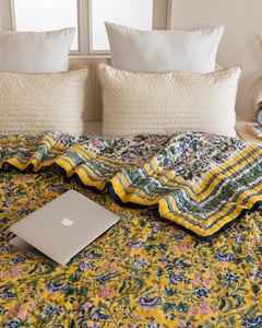 Reversible Cotton Quilt Yellow Blue Pink Block Print Boho Bed Cover King Comforter Soft All Season - Product Image 5