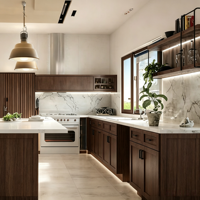 Armoires de cuisine en bois foncé, portes style Shaker, quincaillerie noire mate, armoires de cuisine modulaires classiques sur mesure, plan de travail en pierre blanche