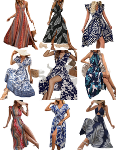 Robe longue fendue sexy à épaules dénudées et col en V pour femme, élégante robe de plage portefeuille à imprimé floral pour les vacances, mode été 2025 - Product Image 1