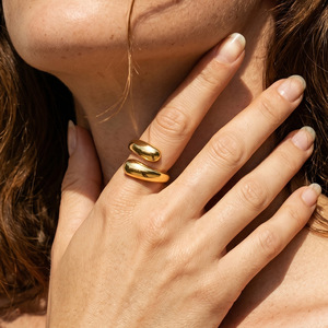 304 Stainless Steel Gold Zircon Bezel Setting Chunky Wrap <b>Ring</b> Womens Minimalist Polished Bypass Teardrop <b>Statement</b> Jewelry - Product Image 2