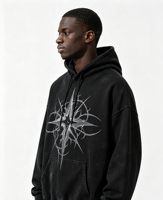 Sweat à capuche noir délavé à l'acide avec motif flamme en strass et capuche cloutée, ourlet vieilli, style streetwear, fabrication OEM