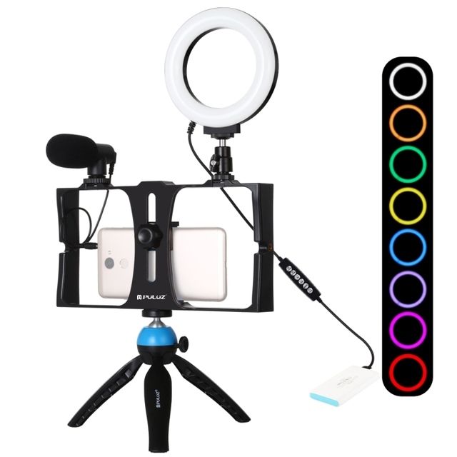 4 in 1 Vlogging Live Broadcast Smartphone Video Rig RGBW Ring LED Selfie Light Microphone Tripod Mount Kits Tripod Head