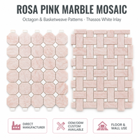 Mosaïque octogonale en marbre naturel couleur rose pâle, pierre polie, revêtement mural et de sol, support en maille