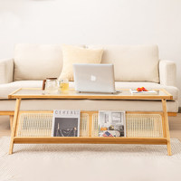 Table basse rectangulaire à double couche en verre trempé avec cadre en bambou Moso de style japonais moderne minimaliste Dingfshuai pour salon