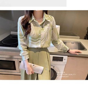 Chemise à manches longues pour femme de haute qualité, couleur verte fraîche, imprimé ondulé, élégante, chemise de bureau pour femme - Product Image 3