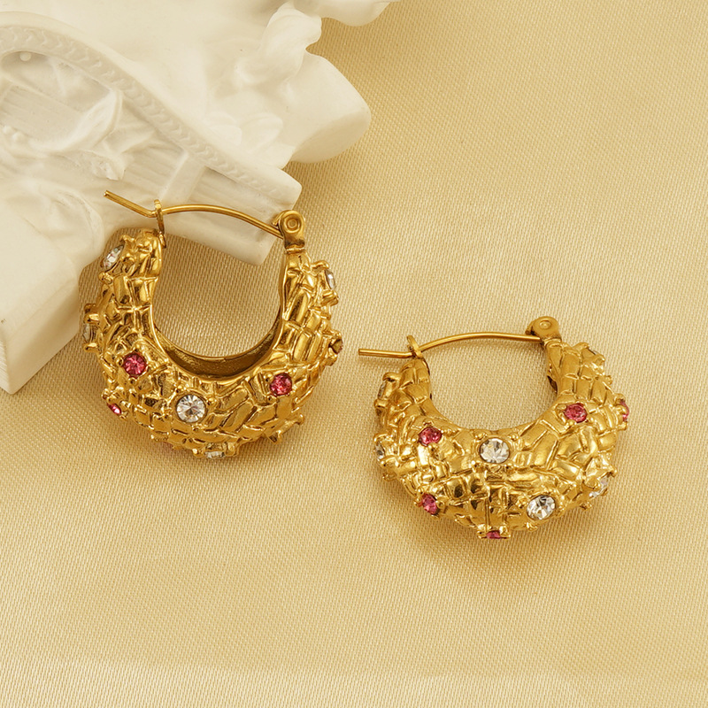 Qiuhan Stainless Steel Premium Sense Inlaid 18K Gold Earrings