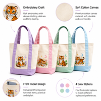 Sac fourre-tout en toile écologique avec logo personnalisé, motif de lettres brodées mignonnes, blocs de couleurs pastel, mini sac à bandoulière avec poche avant pour le shopping