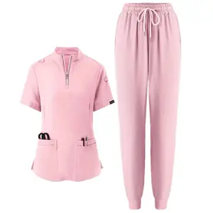 Abbigliamento medico personalizzato uniforme elegante cura cura Set elasticizzato con cerniera Top pantaloni con coulisse intrecciati per donna infermiera