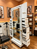 Vintage Güzellik LED Çok Fonksiyonlu Berber İstasyonu Dolabı Modern Tasarım Ahşap Salon Aynası (Camlı) Berber Dükkanı İçin