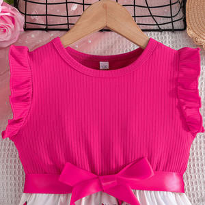 Nouvelle Robe d'été pour Filles en Polyester, Imprimé Papillon, Patchwork, Couleur Unie, Côtelée, Sans Manches, Silhouette Trapèze à Volants + <span class=keywords><strong>Ceinture</strong></span> - Product Image 2