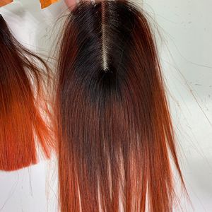Extensiones de cabello liso rojo puro humano alineado con cutícula Virgen sin procesar 100% naranja ombre - Product Image 5