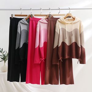 Pull à capuche en tricot personnalisé, couleur contrastée, nylon/coton, anti-froissement, luxe, femme, automne-hiver, nouveau, ensemble deux pièces - Product Image 4