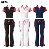 Ensemble décontracté 2 pièces pour femme, été, color block, haut à col en V et manches courtes, pantalon long à cordon élastique, coton et élasthanne