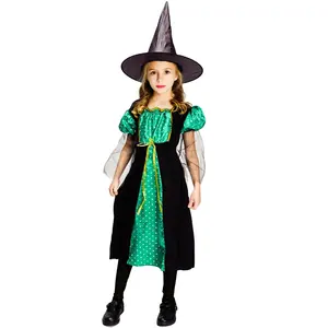 Robe de sorcière verte pour filles, tenue fantaisie de fête d'halloween, Costume de sorcière magique Cosplay, pour enfants