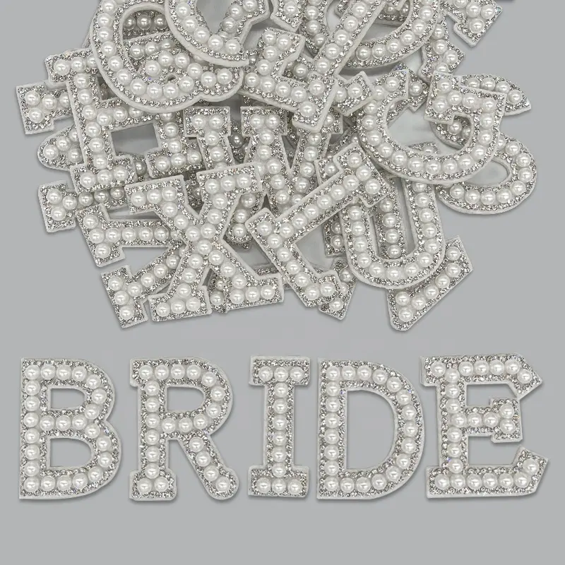A-Z 3D White Bottom Pearl Letter Patches English Alphabet Rhinestone Applique for Clothes Iron on Stripe Badge DIY Use