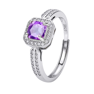 Bague ajustable tendance en argent sterling 925 avec pierre naturelle de 5 mm, sertie en halo, design géométrique, améthyste, bijoux fins - Product Image 1