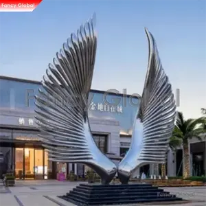 Panas populer seni logam Modern besar sayap malaikat ukuran hidup patung luar ruangan tampilan halaman dipoles baja tahan karat taman patung