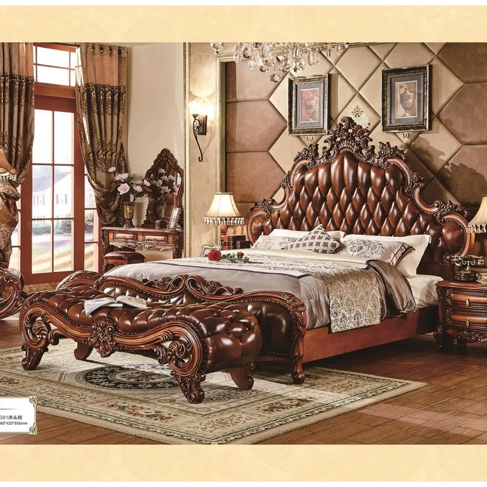 European antique classical style bedroom furniture solid wood bed frame bedroom sets top quality leather beds
