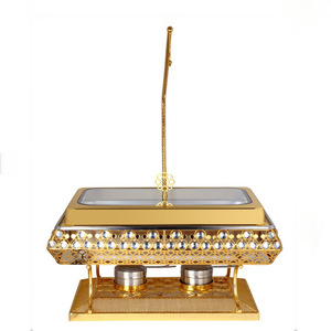 Réchaud de buffet rectangulaire plaqué or 9L en acier inoxydable avec couvercle en verre et brûleur à alcool pour hôtel - Product Image 1