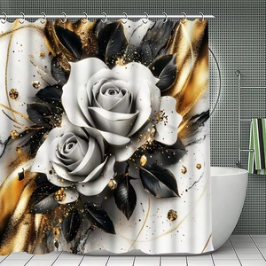 Cortina de Ducha de Poliéster con Diseño de Rosas Doradas y Negras, Cortina de Baño con Impresión Digital, Impermeable, Juego de Cortinas de Ducha con Impresión Personalizada, Venta al por Mayor - Product Image 2