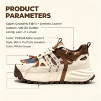 Baskets rétro à plateforme pour hommes, tige en tissu géométrique, à lacets, chaussures décontractées pour la marche, 3 couleurs disponibles