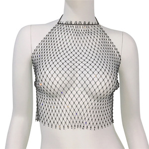 Sexy Rhinestone Sling Halter Hollow Out Diamond Dress Set Women Sleeveless Mini Rave Dress Beach <strong>Fishnet</strong> <strong>Top</strong> - Product Image 5
