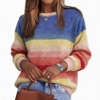 Pull-over oversize à col rond pour femme, à rayures horizontales arc-en-ciel dégradées, à manches longues et épaules tombantes, style outdoor, directement de l'usine