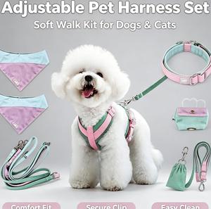 Set de Accesorios 5 en 1 para Pasear Perros, Color Macaron, Arnés de Pana Suave, Correa, Collar, Pañuelo con Porta Bolsas para Excrementos, Lindo Regalo - Product Image 1