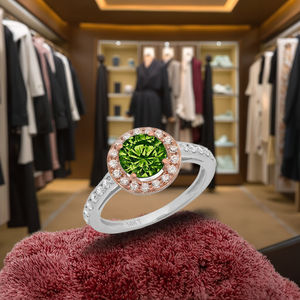 Anelli di fidanzamento naturali originali per peridoto personalizzato 14k bianco e rosa rosa con taglio rotondo Halo - Product Image 1