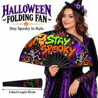 Éventails pliants personnalisés en vrac, motif 'Stay Spooky', 13 pouces (33 cm), en bois, bambou ou plastique, imprimés pour Halloween et festivals
