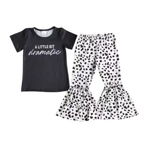 D11-1 boutique crianças meninas roupas conjuntos Um pouco dramático preto manga curta manchado impresso branco sino calças inferiores
