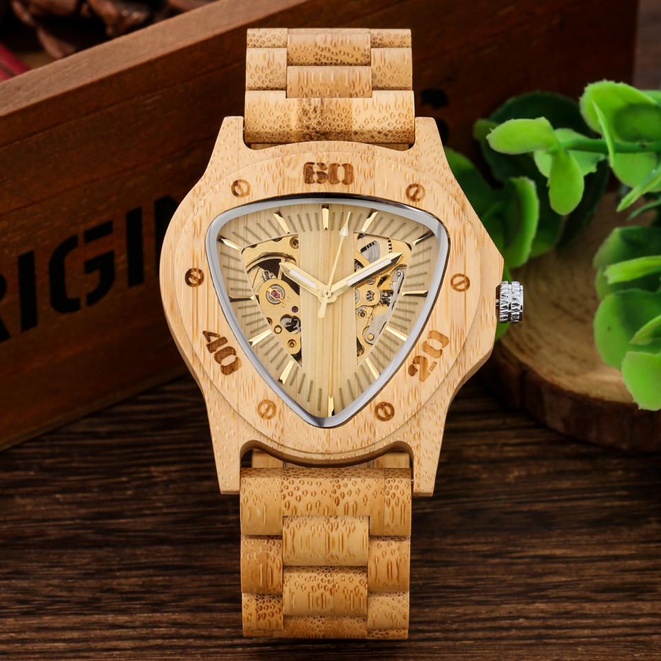2024 Wooden Automatic Bamboo Triangle Men's Watch - Fashion & Durable