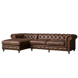 Italy high-end traditional classic chesterfield Top Grain brown genuine leather l-shape sofa