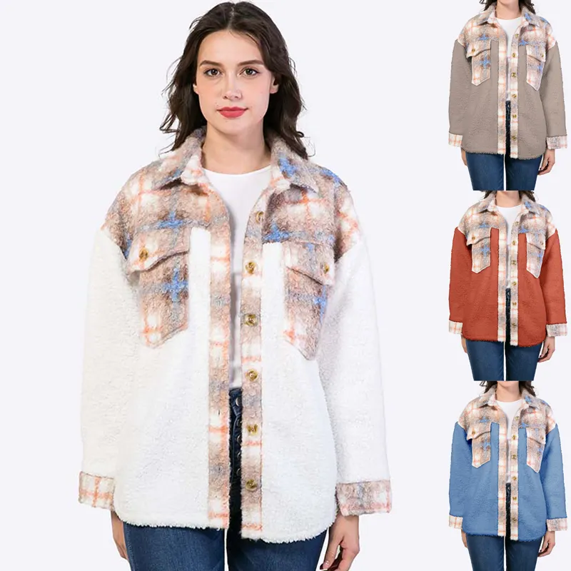 Plus size roupas femininas jaqueta de lã roupas femininas camiseta sherpa patchwork tweed shacket sherpa camisa xadrez