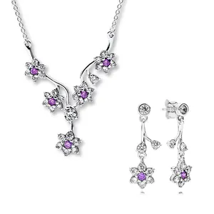 Silver 925 Jewelry Set Elegant Valentines Day Gift CZ Flower Necklace&Earrings For Women Jewelry making