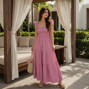 Vestido casual de algodón al por mayor, estilo A, para playa, largo a media pantorrilla - Elegante vestido rosa con cuello cuadrado, corpiño fruncido, tirantes con volantes y detalles de encaje. - Product Image 1