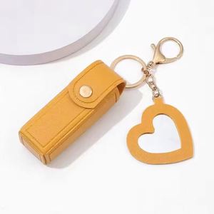 Quick Ship Cute Lipstick Holder <b>Key</b> <b>Chain</b> with Mini Heart Shape Mirror Women's PU Leather Keychain Single Lipstick Pouch - Product Image 4