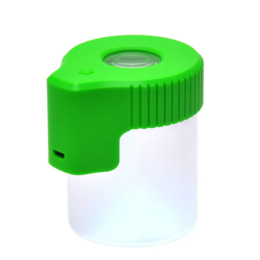 Contenedor de almacenamiento de vidrio <span class=keywords><strong>led</strong></span> personalizado, frasco de plástico transparente mate, verde y negro con tapa