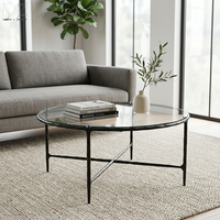 Table basse de salon contemporaine de luxe moderne avec plateau en verre martelé et piètement en métal noir