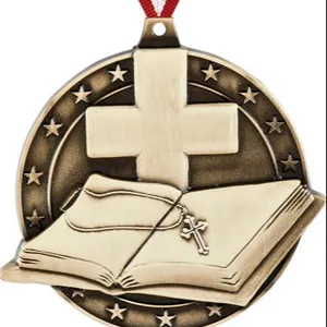 Bible religieuse en résine anti-bronze et médaille catholique en bronze